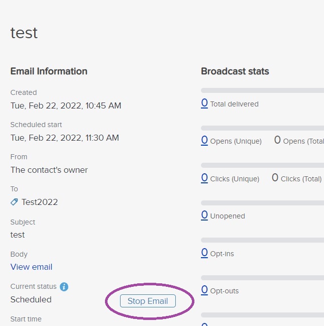 Stopping an email broadcast